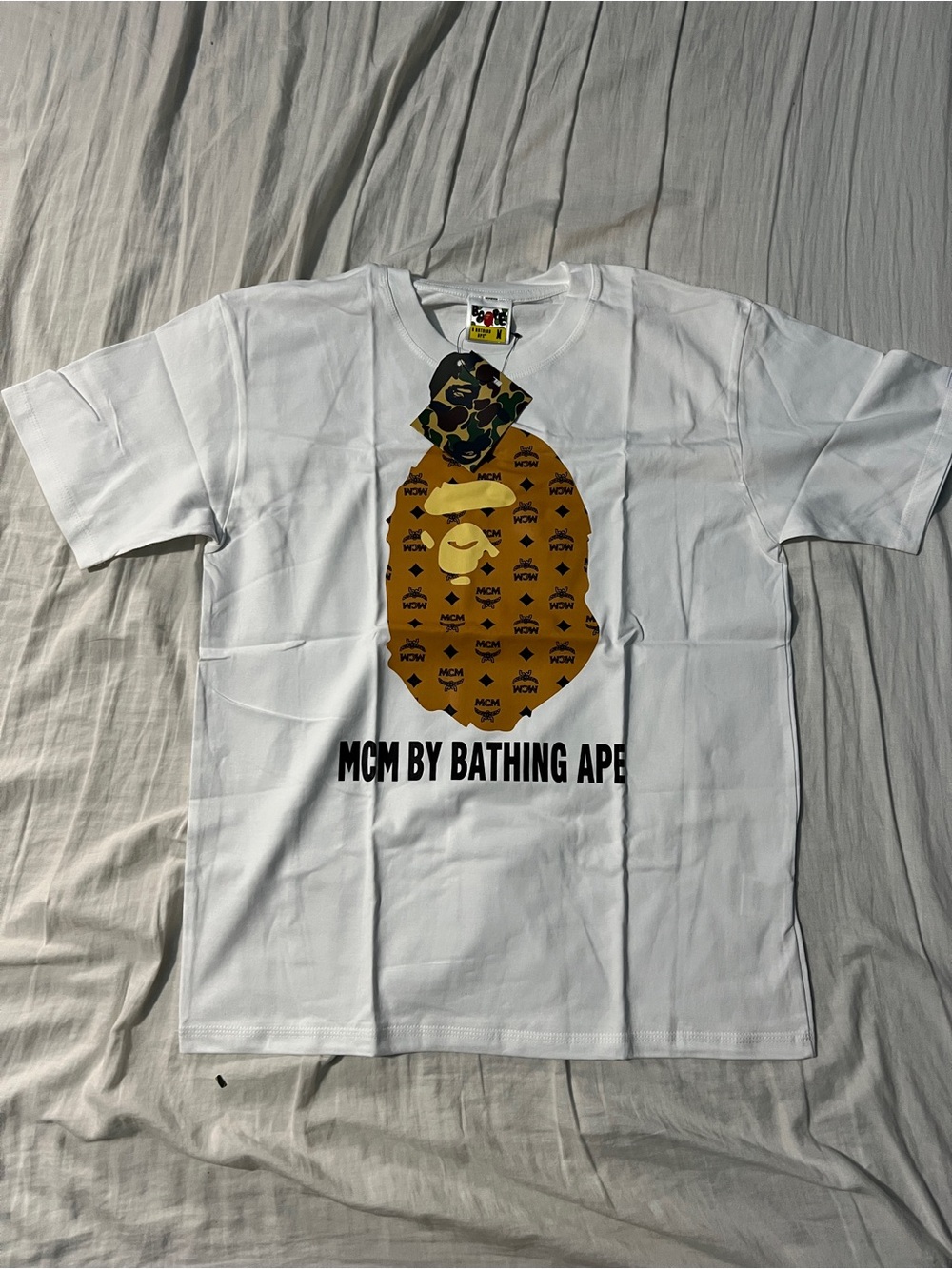 Bape White Tee with Gold/Tan Ape Graphic and Camo Accent